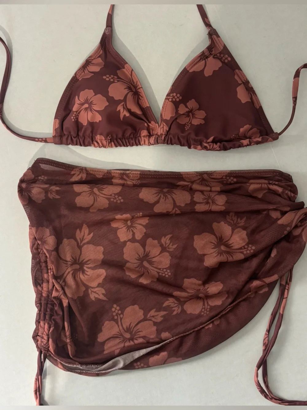 3-Piece Brown Floral Bikini Set + Adjustable Mesh Skirt – Size Small ✨ - Picture 5 of 5
